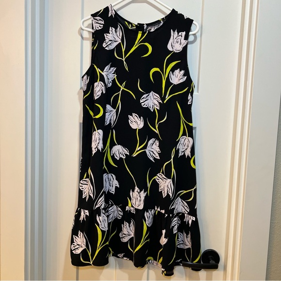 HALOGEN Black Yellow Pink Floral Peplum Sleeveless Shift Dress Size Medium - Picture 1 of 8